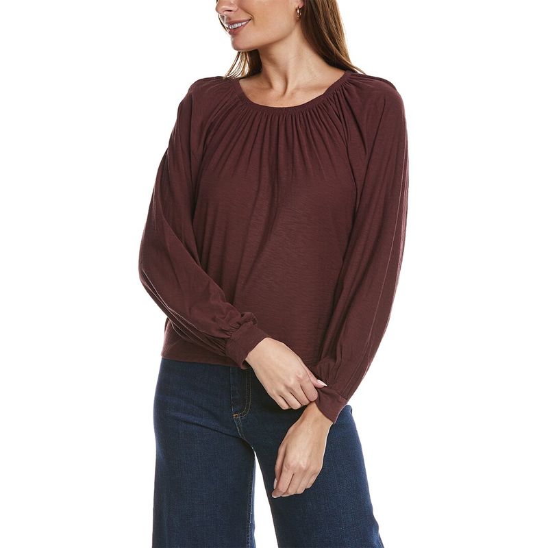 Nation Ltd Long Sleeve Gathered Neck Top In Burgundy